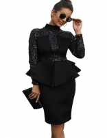 Black Long Sleeve Sequins Foral Women Sexy Evening Dress