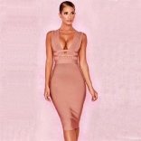 Khaki Sleeveless V-Neck Bandage Party Celebrities Midi Dress