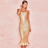 Golden Off-Shoulder Bandage Girding Sexy Midi Dress