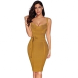 Yellow Halter V-Neck Bandage Sexy Cocktail Party Dress