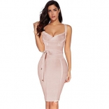 Beige Halter V-Neck Bandage Sexy Cocktail Party Dress