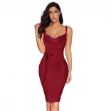 WineRed Halter V-Neck Bandage Sexy Cocktail Party Dress