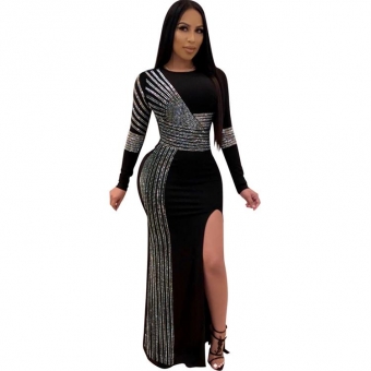 Black Long Sleeve Rainstones Bodycons Slit O-Neck Evening Dress