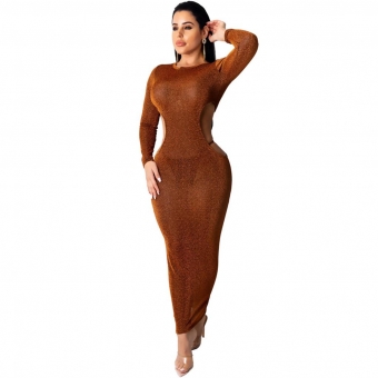 Golden Long Sleeve Mesh Silk Backless Sexy Midi Dress