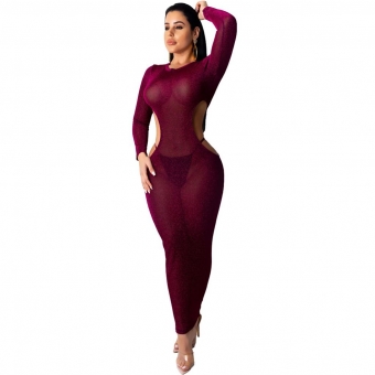 Purple Long Sleeve Mesh Silk Backless Sexy Midi Dress