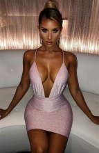 Pink Halter Deep V-Neck Silk Sexy Bodycon Dress