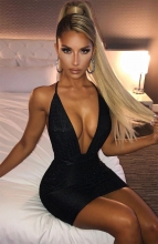 Black Halter Deep V-Neck Silk Sexy Bodycon Dress