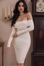 White Long Sleeve Off-Shoulder Mesh Lining Sexy Midi Dress