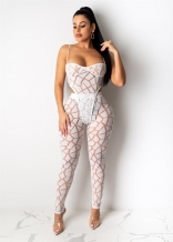 White Sleeveless V-Neck Mesh Sexy 2PCS Sexy Jumpsuit