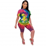 Red Short Sleeve Printed Cartoon 2PCS Fashion Dress