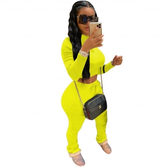 Yellow Long Sleeve Cotton 2PCS Bodycons Women Jumpsuit