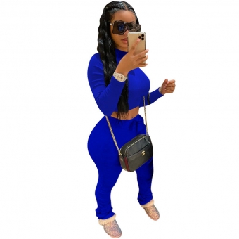 Blue Long Sleeve Cotton 2PCS Bodycons Women Jumpsuit