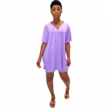 Purple Short Sleeve V-Neck 2PCS Women Skirt Sets