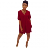 WineRed Short Sleeve V-Neck 2PCS Women Skirt Sets