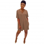 Khaki Short Sleeve V-Neck 2PCS Women Skirt Sets