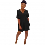 Black Short Sleeve V-Neck 2PCS Women Skirt Sets