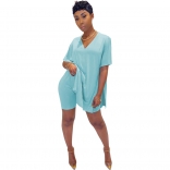 SkyBlue Short Sleeve V-Neck 2PCS Women Skirt Sets