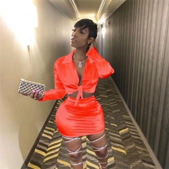 Orange Long Sleeve Deep V-Neck 2PCS Bodycons Mini Dress