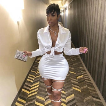 White Long Sleeve Deep V-Neck 2PCS Bodycons Mini Dress