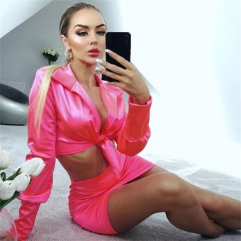 RoseRed Long Sleeve Deep V-Neck 2PCS Bodycons Mini Dress
