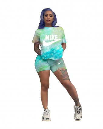 Green Short Sleeve Printed O-Neck 2PCS Club Dress