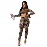 Khaki Long Sleeve Printed 2PCS Sexy Jumpsuit