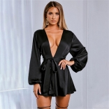 Black Long Sleeve Deep V-Neck Sexy Skirt Dress