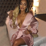 Pink Long Sleeve Deep V-Neck Sexy Skirt Dress