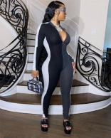 Black Long Sleeve Deep V-Neck Cottons Sexy Jumpsuit