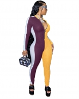 Yellow Long Sleeve Deep V-Neck Cottons Sexy Jumpsuit