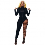 Black Long Sleeve Zipper Sexy Bandage Metal Chains Sexy Jumpsuit