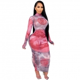 Red Long Sleeve Printed Mesh Women Midi Dress