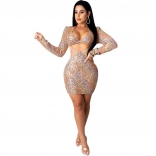 Golden Long Sleeve V-Neck Sexy Sequin Mesh Sexy Mini Dress