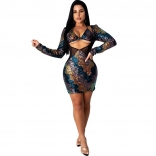 Blue Long Sleeve V-Neck Sexy Sequin Mesh Sexy Mini Dress