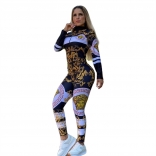 White Long Sleeve Zipper Printed Women Sexy Jumpsuit