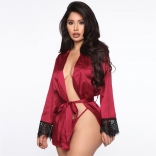 Red Long Sleeve Women Sexy Back Lace Sleepwear