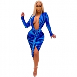 Blue Long Sleeve Deep V-Neck Printed Sexy Clubwear