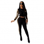 Black Long Sleeve O-Neck 2PCS Sequins Women Jumpsuit