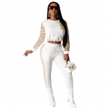 White Long Sleeve O-Neck 2PCS Sequins Women Jumpsuit