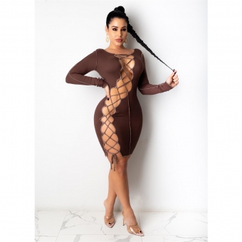 Brown Long Sleeve Hollow-out Bandage Mini Dress