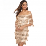 Golden Off-Shoulder Sequins Tassels Women Mini Dress