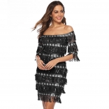 Black Off-Shoulder Sequins Tassels Women Mini Dress