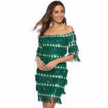 Green Off-Shoulder Sequins Tassels Women Mini Dress