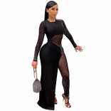 Black Long Sleeve Mesh O-Neck Rainstones Jumpsuit Dress