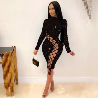 Black Long Sleeve Hollow-out Sexy Bandage Dress