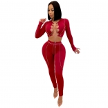 Red Long Sleeve Low-Cut Lace-up Bandage Jumpsuit