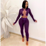 Purple Long Sleeve Low-Cut Lace-up Bandage Jumpsuit