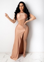 Beige Long Sleeve Mesh O-Neck Rainstones Jumpsuit Dress