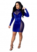 Blue Long Sleeve Mesh Velvet Bodycons Mni Dress