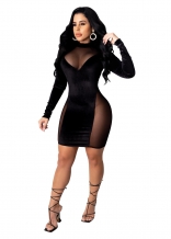 Black Long Sleeve Mesh Velvet Bodycons Mni Dress